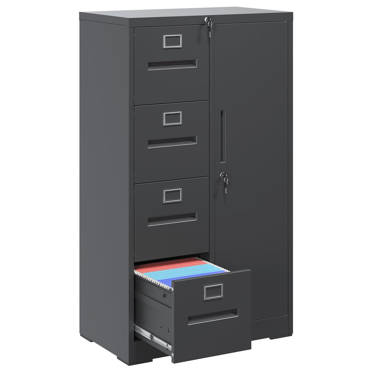 4 Drawer Vertical File Cabinet with Lock and Storage Shelves Black B624