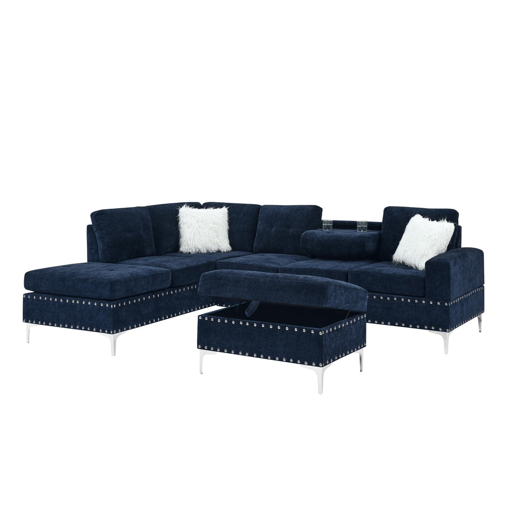 108'' Chenille Navy Blue L-Shaped Sectional Sofa with Storage Ottoman J11468