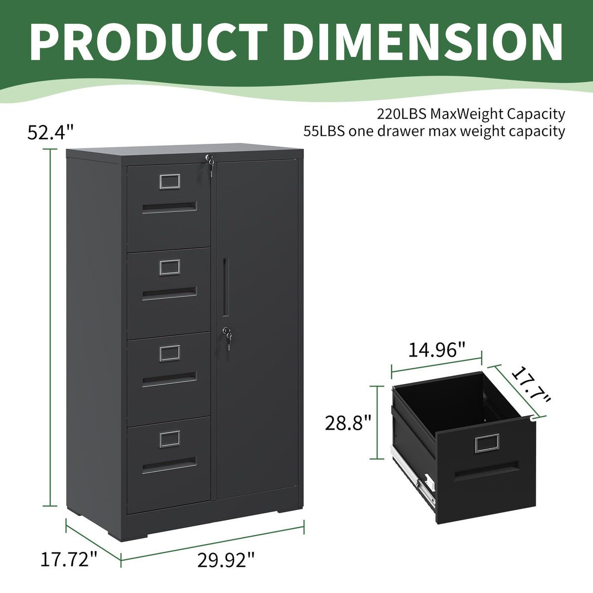 4 Drawer Vertical File Cabinet with Lock and Storage Shelves Black B624