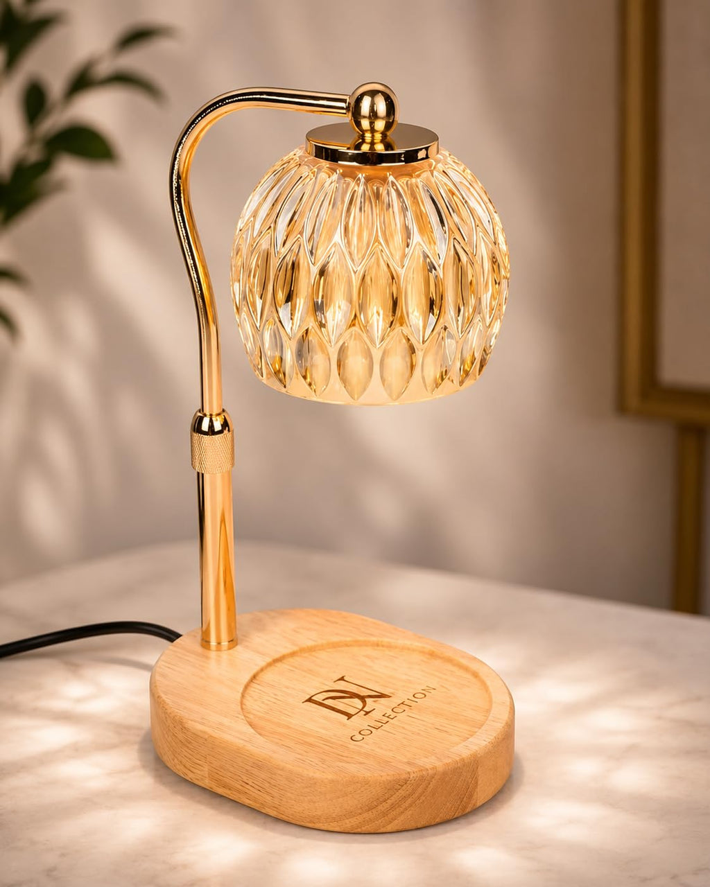 Candle Warmer Lamp with Timer & Dimmer, Adjustable Height, Crystal Glass Shade, Wooden Base, Gold J17471
