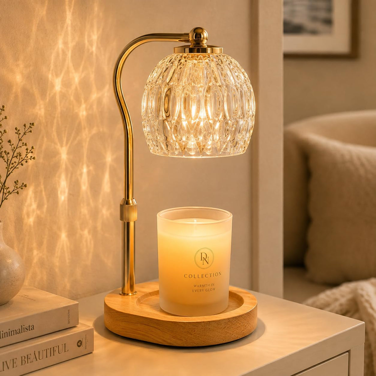 Candle Warmer Lamp with Timer & Dimmer, Adjustable Height, Crystal Glass Shade, Wooden Base, Gold J17471