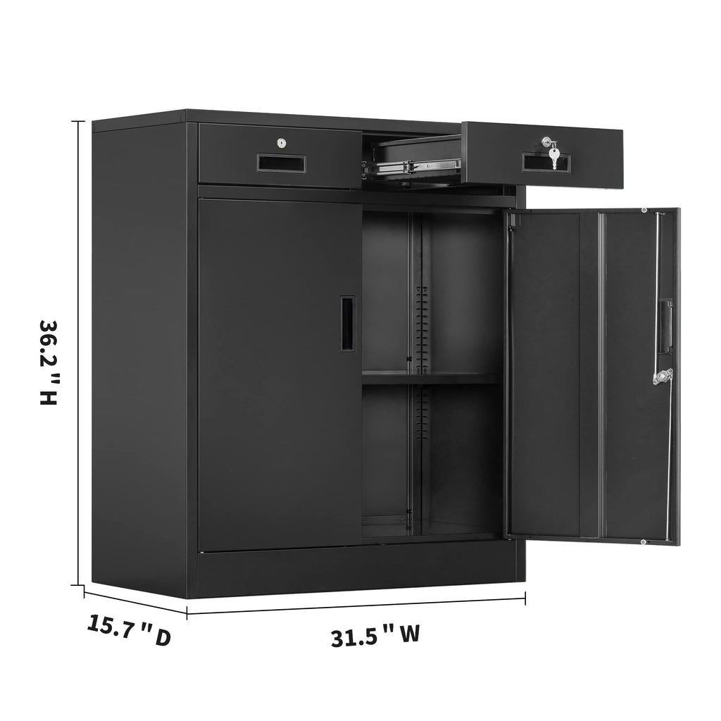Metal Locking Storage Cabinet with 2 Drawers and Adjustable Shelf U997