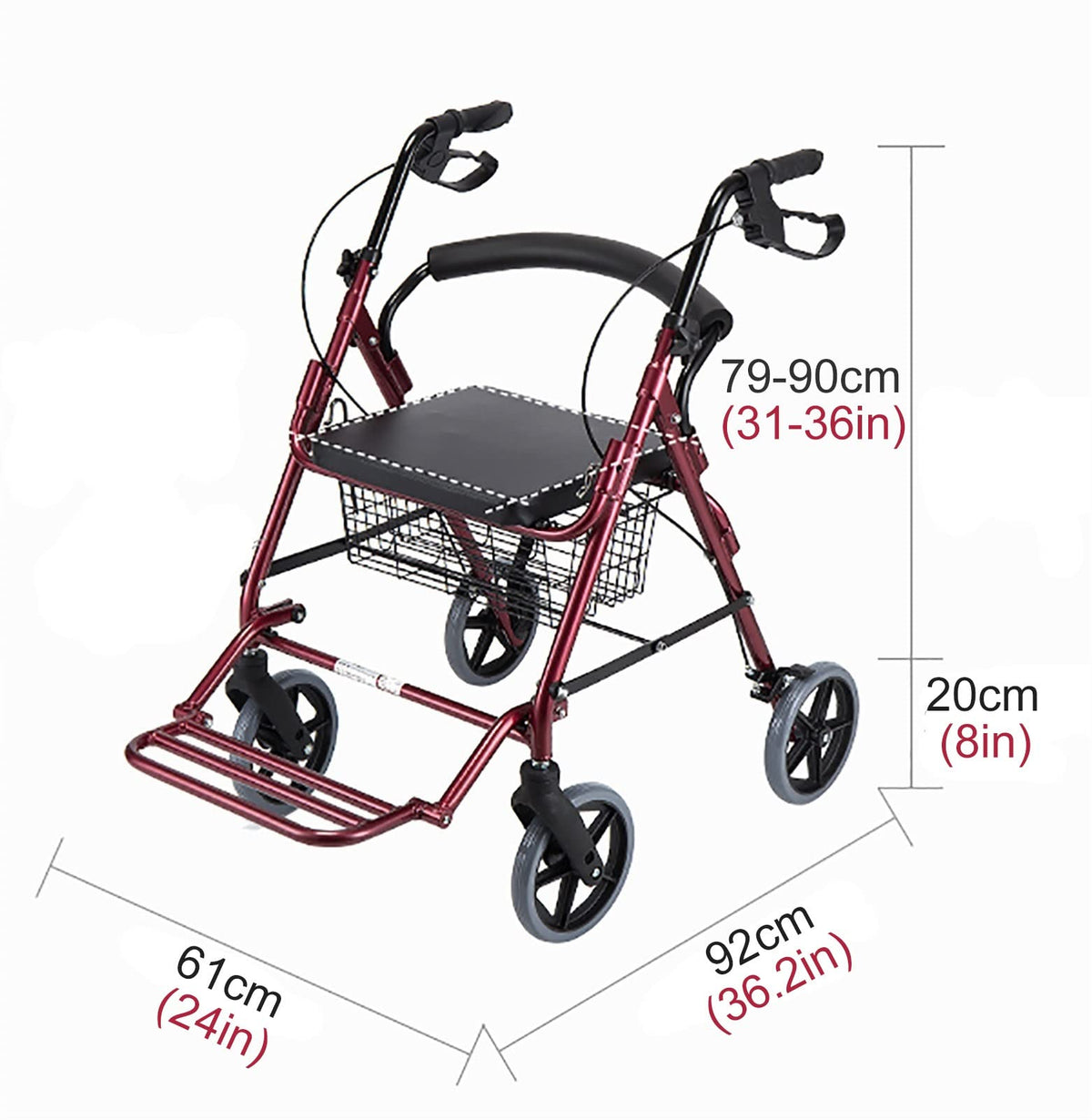 Foldable Rollator Walker with Leather Seat, 8inch Wheels, Brakes and Footrest L16235