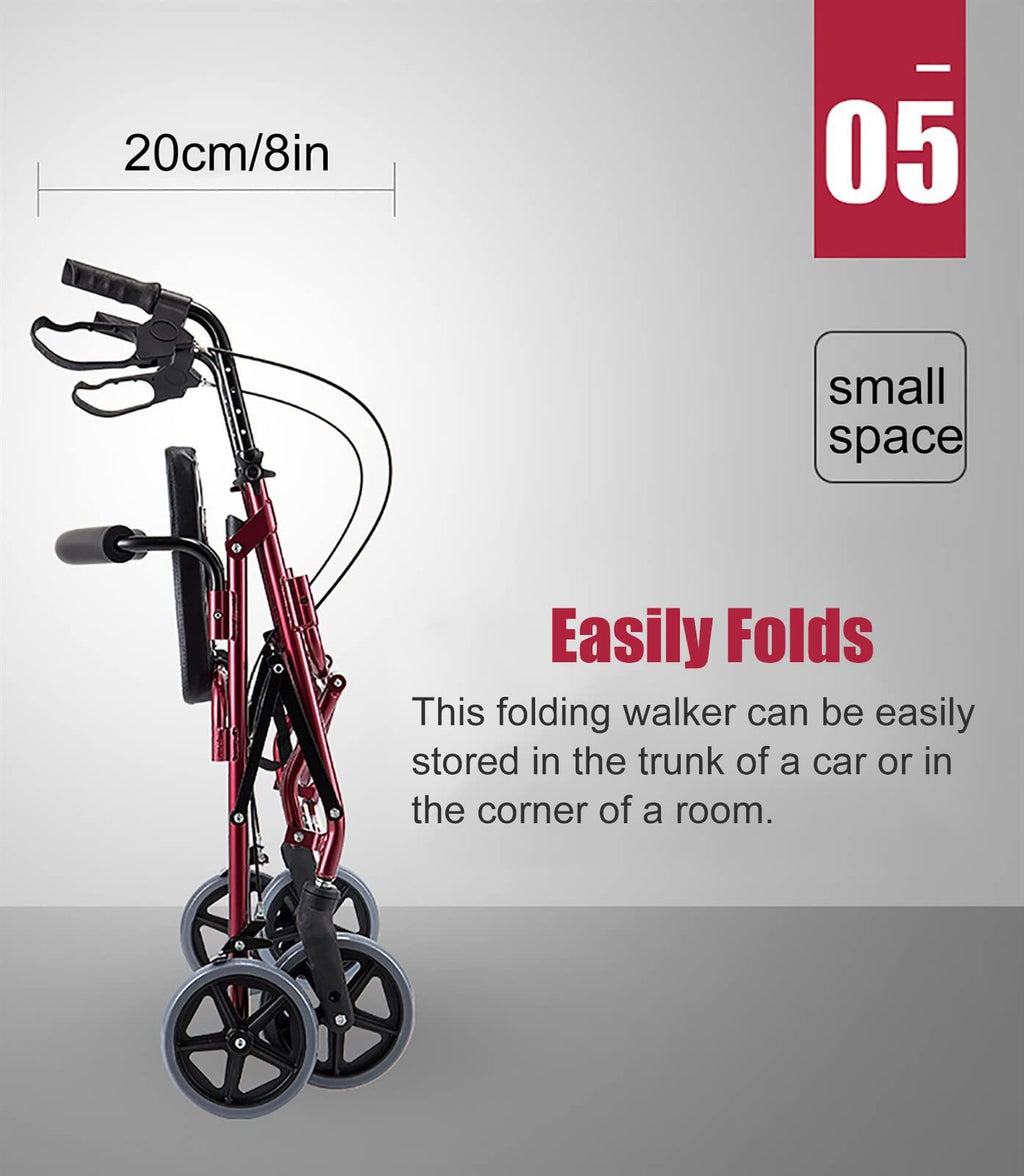 Foldable Rollator Walker with Leather Seat, 8inch Wheels, Brakes and Footrest L16235