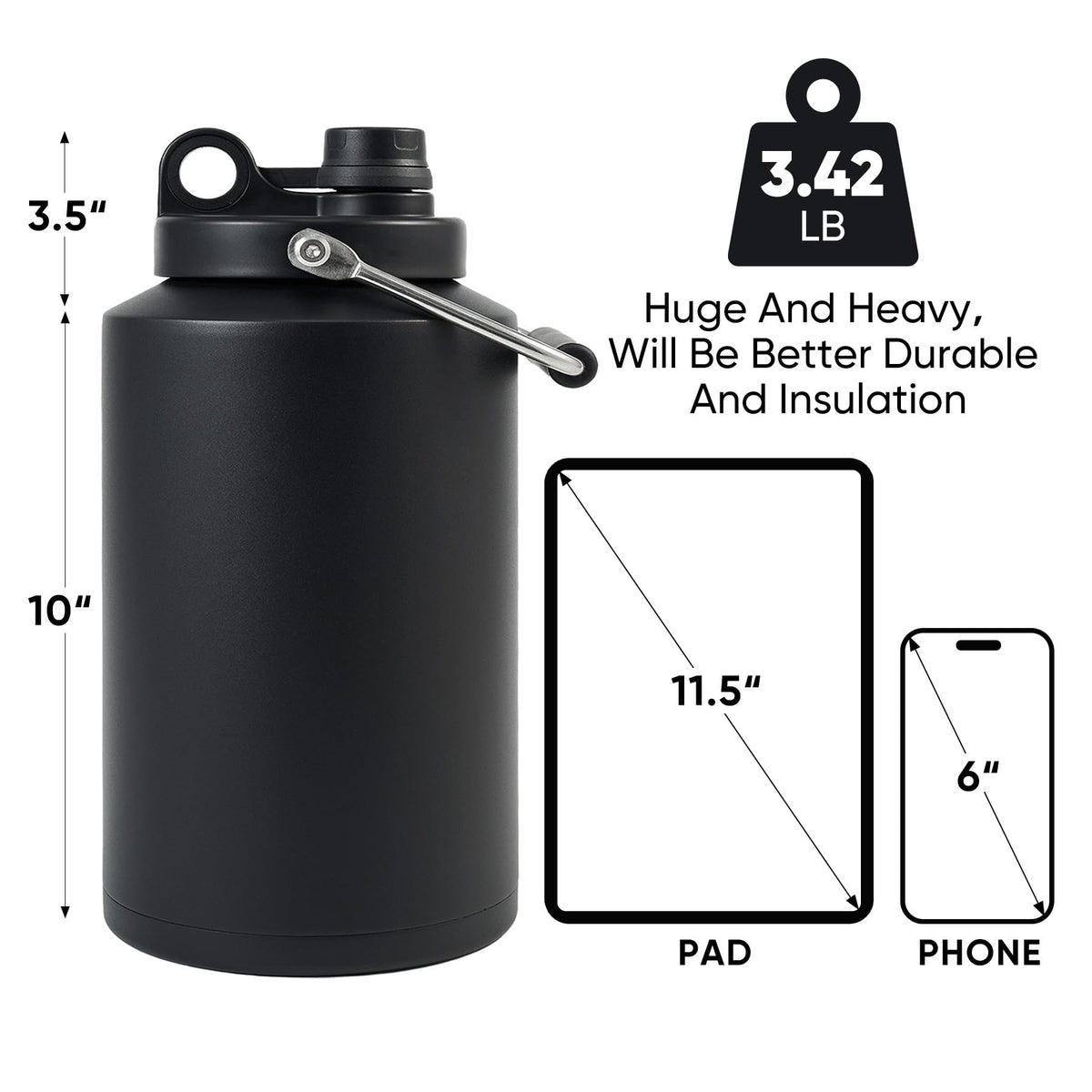 One Gallon 128oz Stainless Steel Insulated Water Bottle with Handle, Black B54253
