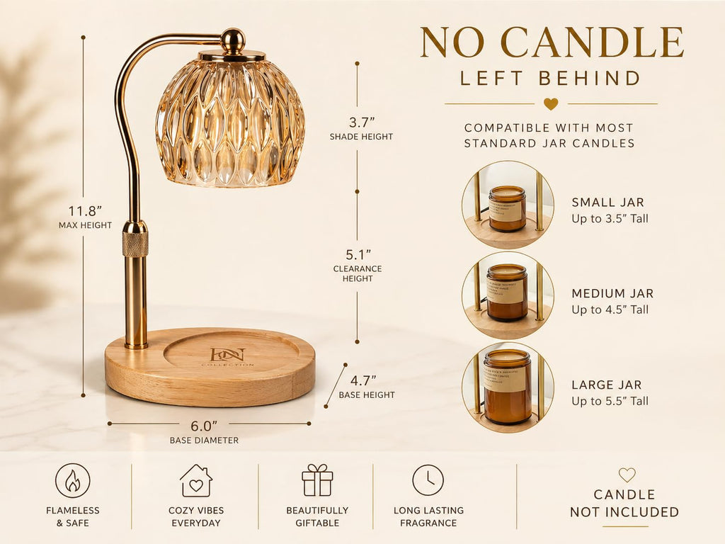 Candle Warmer Lamp with Timer & Dimmer, Adjustable Height, Crystal Glass Shade, Wooden Base, Gold J17471