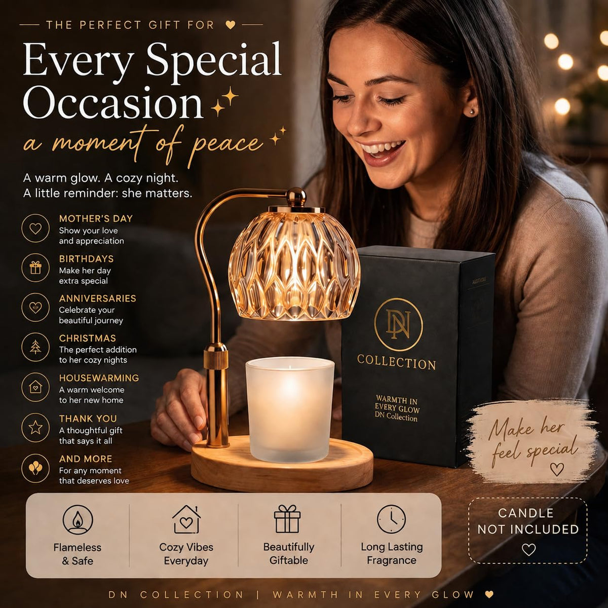 Candle Warmer Lamp with Timer & Dimmer, Adjustable Height, Crystal Glass Shade, Wooden Base, Gold J17471