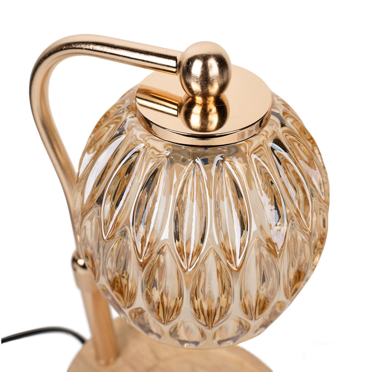 Candle Warmer Lamp with Timer & Dimmer, Adjustable Height, Crystal Glass Shade, Wooden Base, Gold J17471