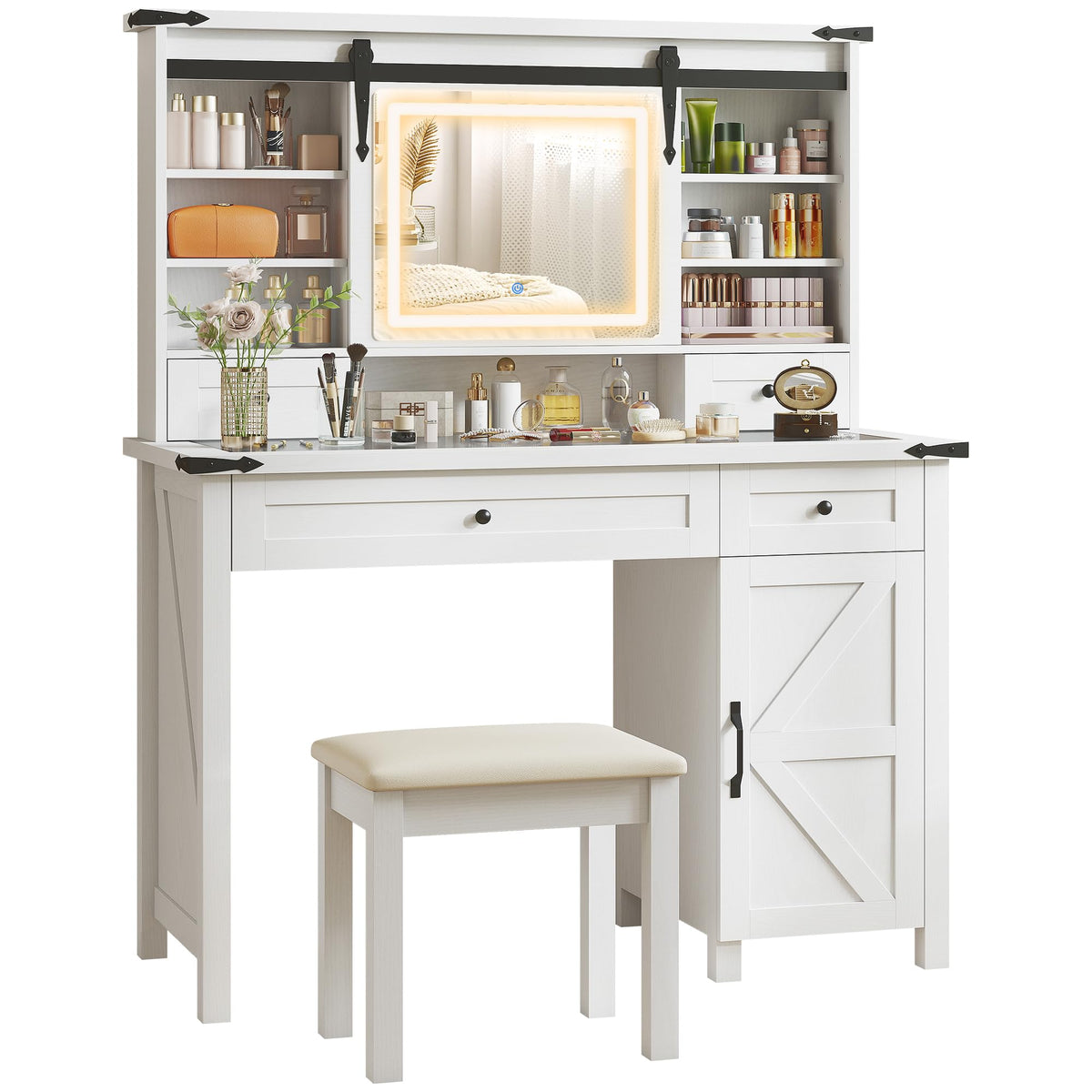 White Vanity Desk with Mirror, LED Lights, Stool S73822