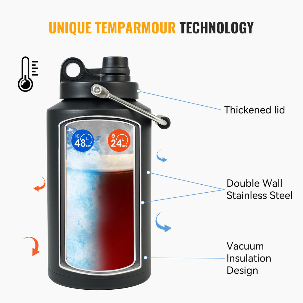 One Gallon 128oz Stainless Steel Insulated Water Bottle with Handle, Black B54253