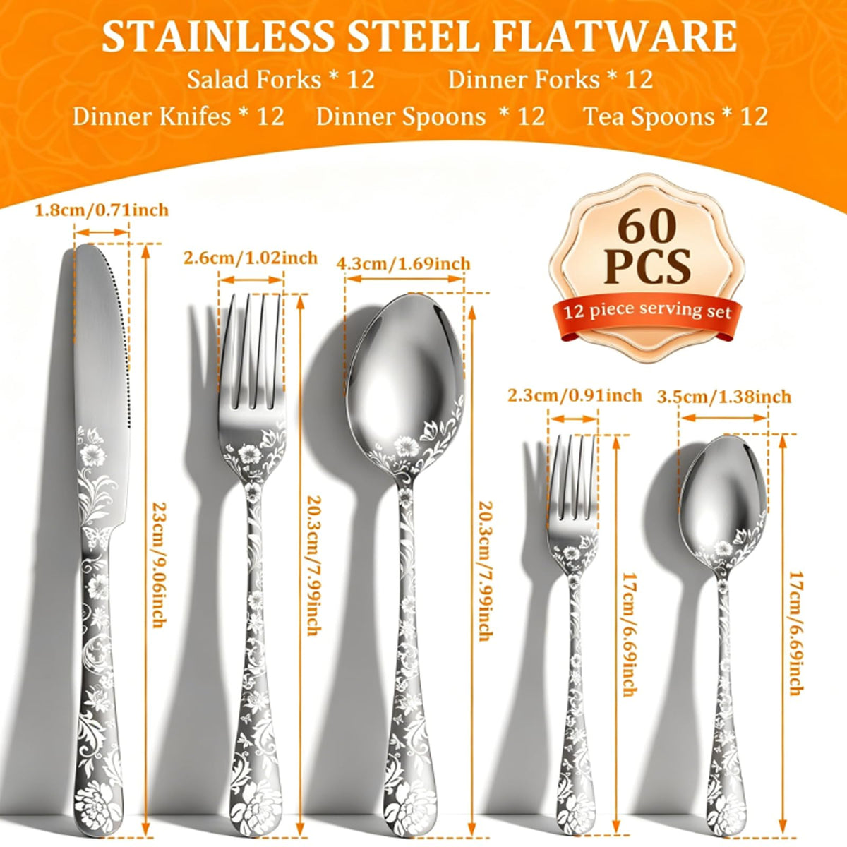 60 Piece Floral Stainless Steel Silverware Set K832