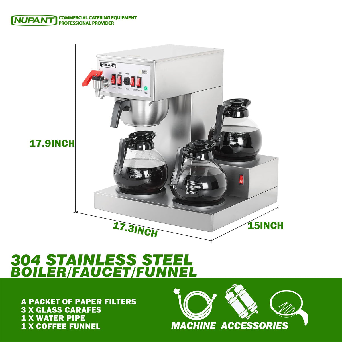 12 Cup Commercial Drip Coffee Maker with 3 Carafes Stainless Steel T40748