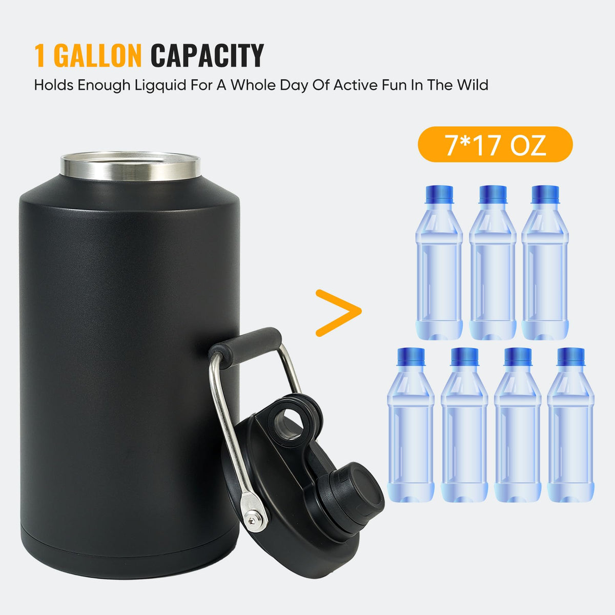 One Gallon 128oz Stainless Steel Insulated Water Bottle with Handle, Black B54253