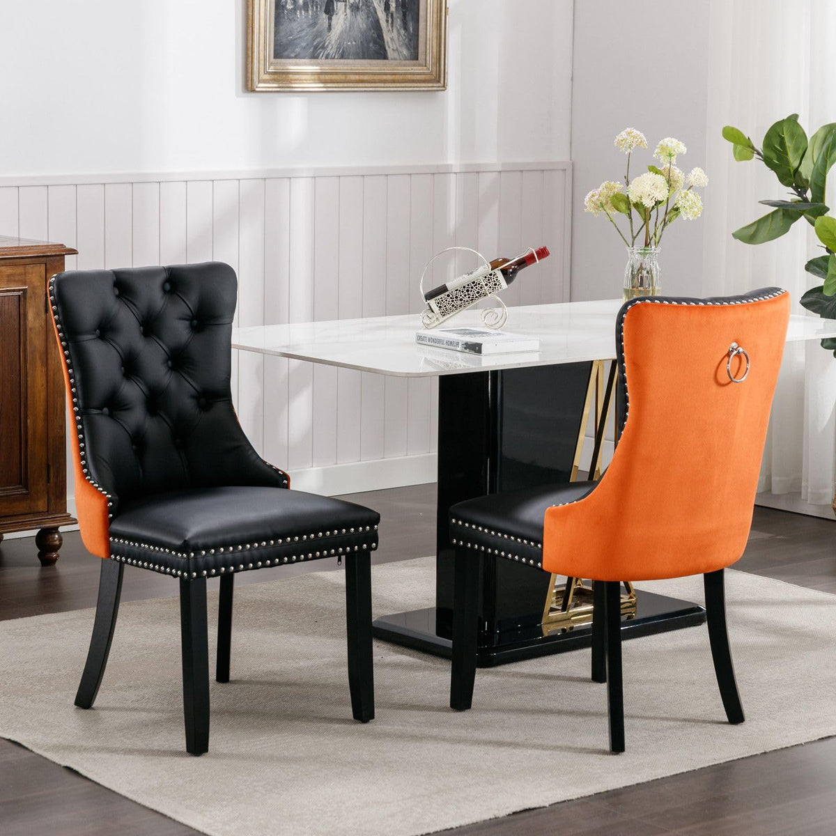 PU and Velvet Upholstered Dining Chairs with Solid Wood Legs Z1423