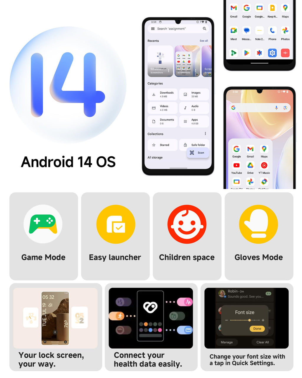 Unlocked Smartphone 8GB+128GB 6.75" 90Hz Android 14 50MP Camera 6000mAh White C377