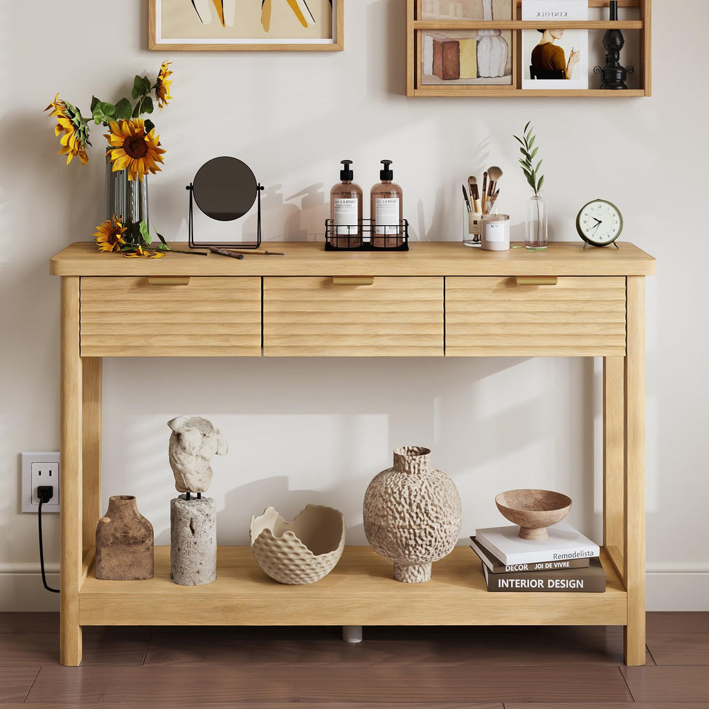 47.2" Narrow Console Table with 3 Drawers & Charging Station, Oak V7081