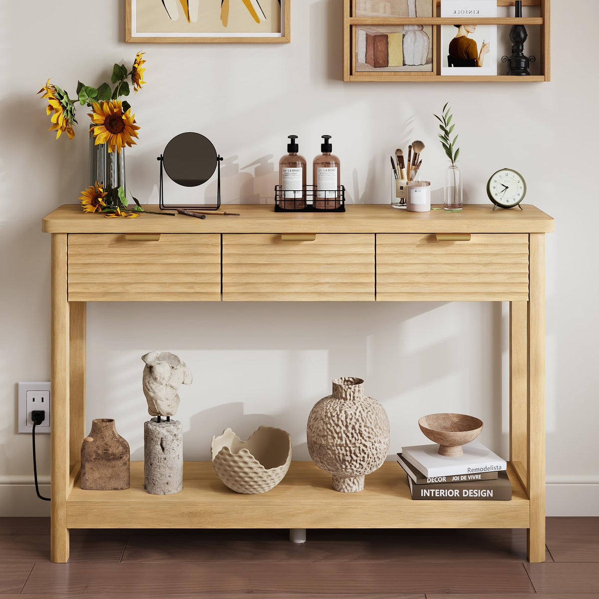 47.2" Narrow Console Table with 3 Drawers & Charging Station, Oak V7081