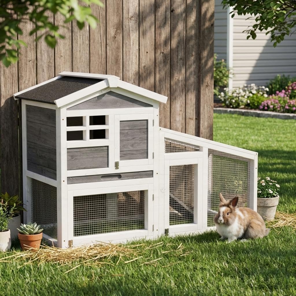 54" 2-Tier Wooden Rabbit Hutch with Run C193297