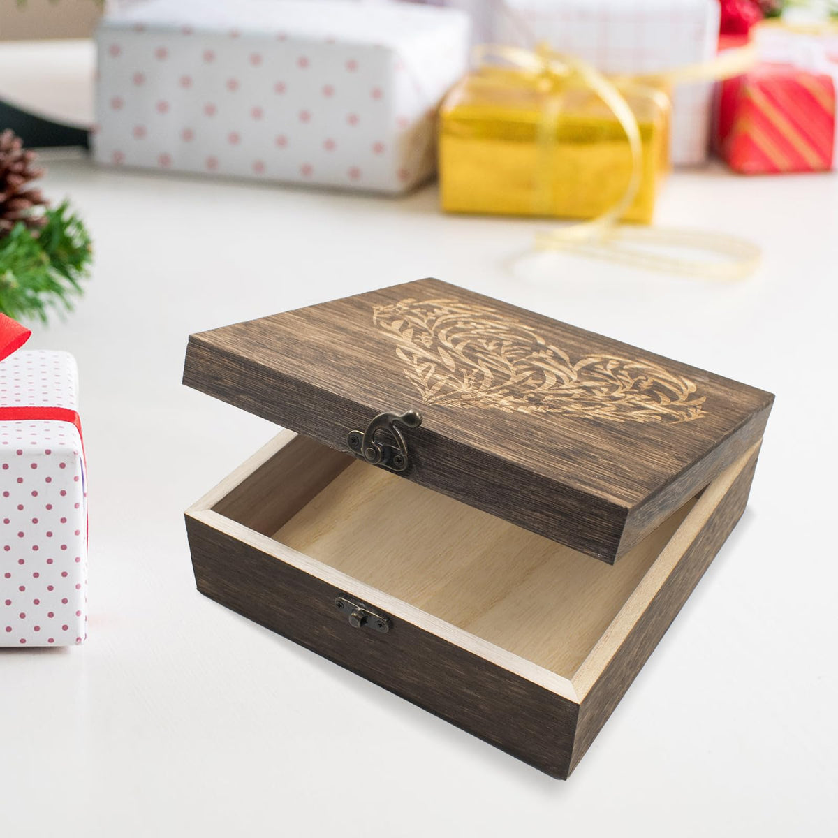 Wooden Hinged Lid Keepsake Boxes 7.5 x 7.5 x 2.8 Inch C103808