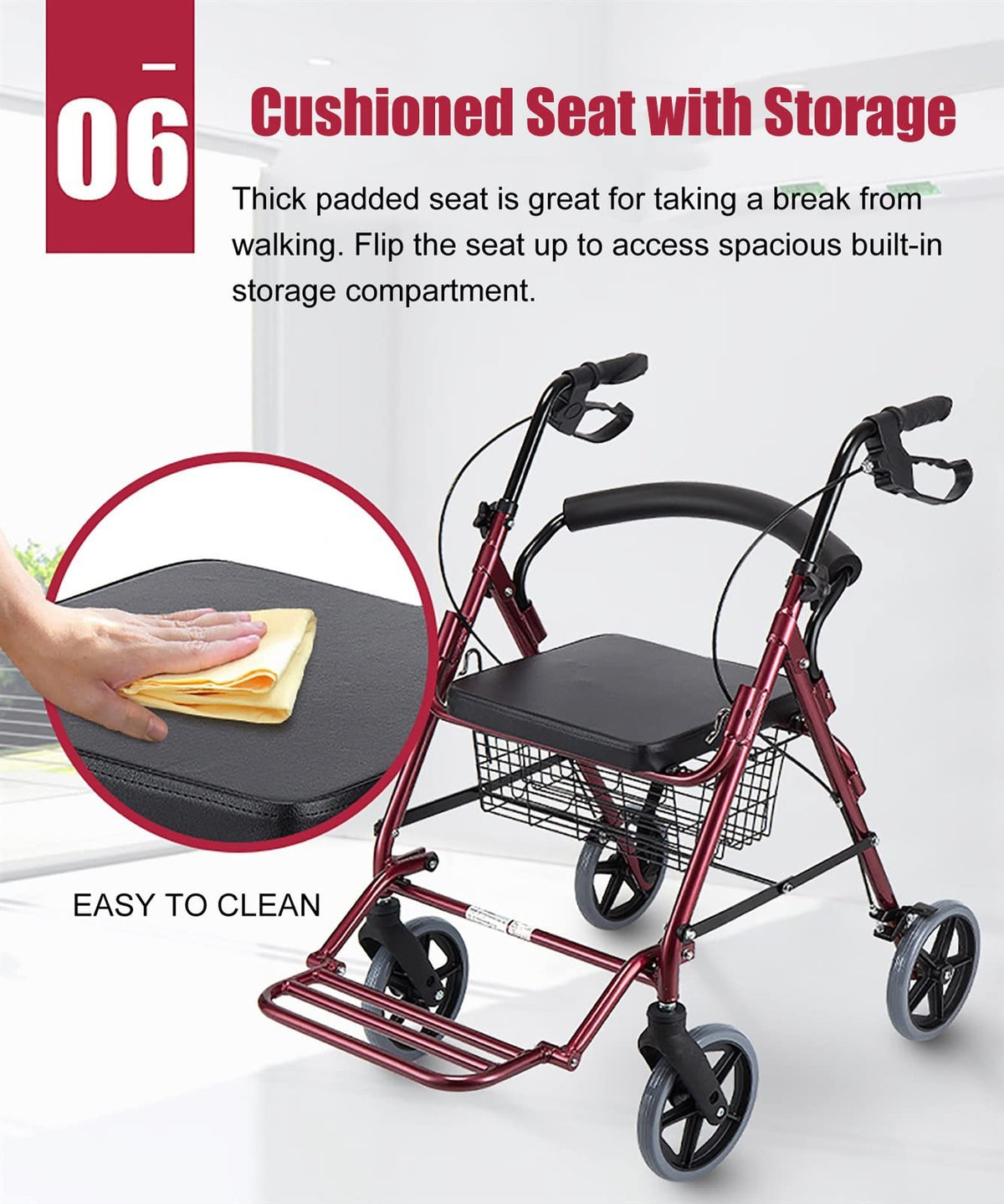 Foldable Rollator Walker with Leather Seat, 8inch Wheels, Brakes and Footrest L16235