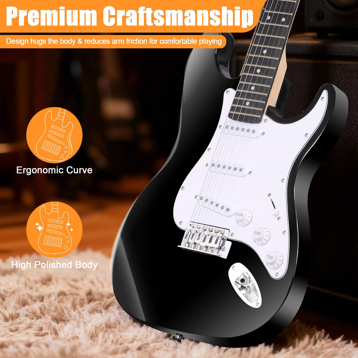 39in Full Size Electric Guitar with 10W Amp, Case and Accessories Pack, Black B924658