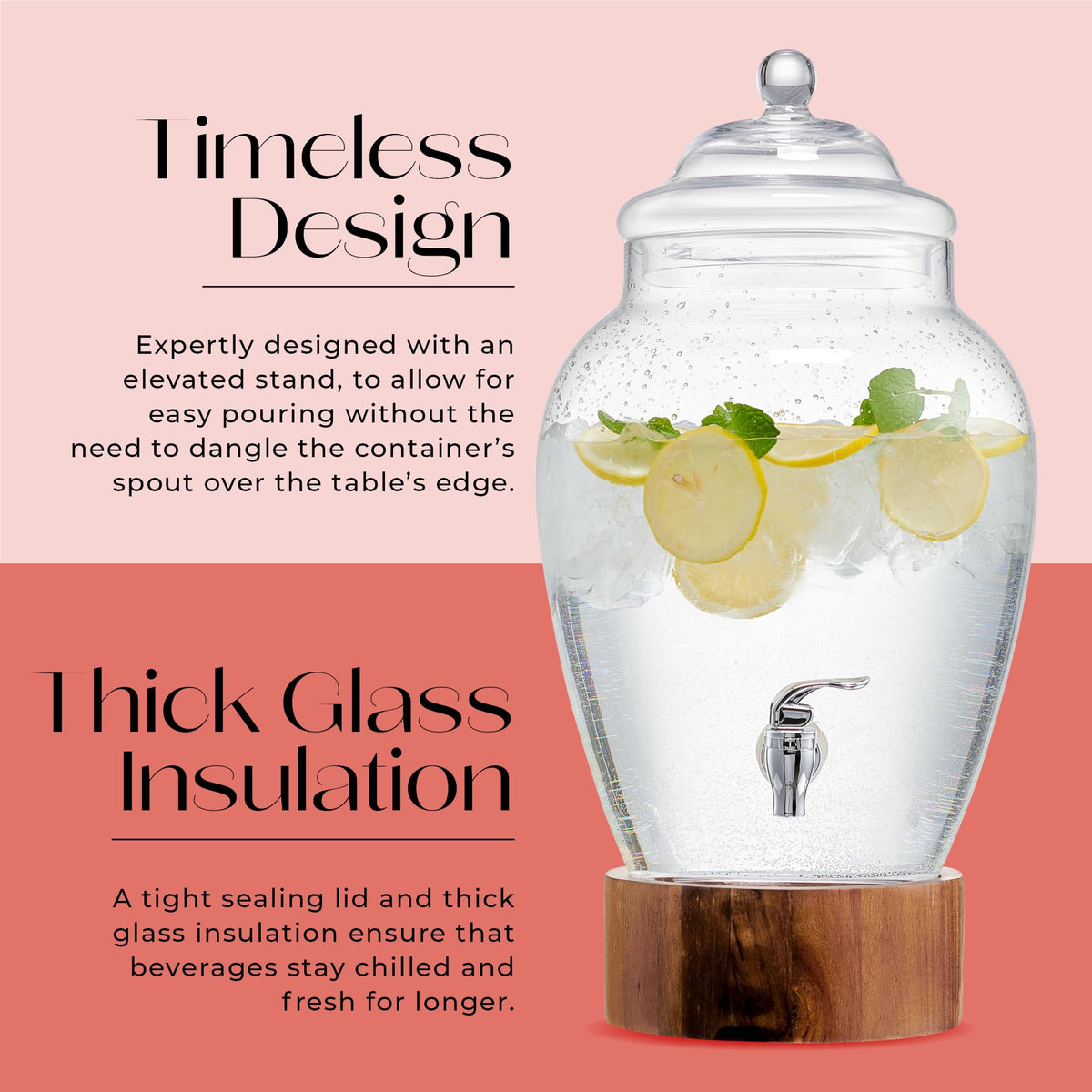 Glass Beverage Dispenser with Wood Base, 3 Gallon E7987