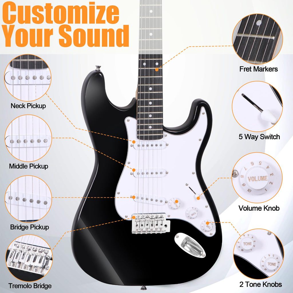 39in Full Size Electric Guitar with 10W Amp, Case and Accessories Pack, Black B924658