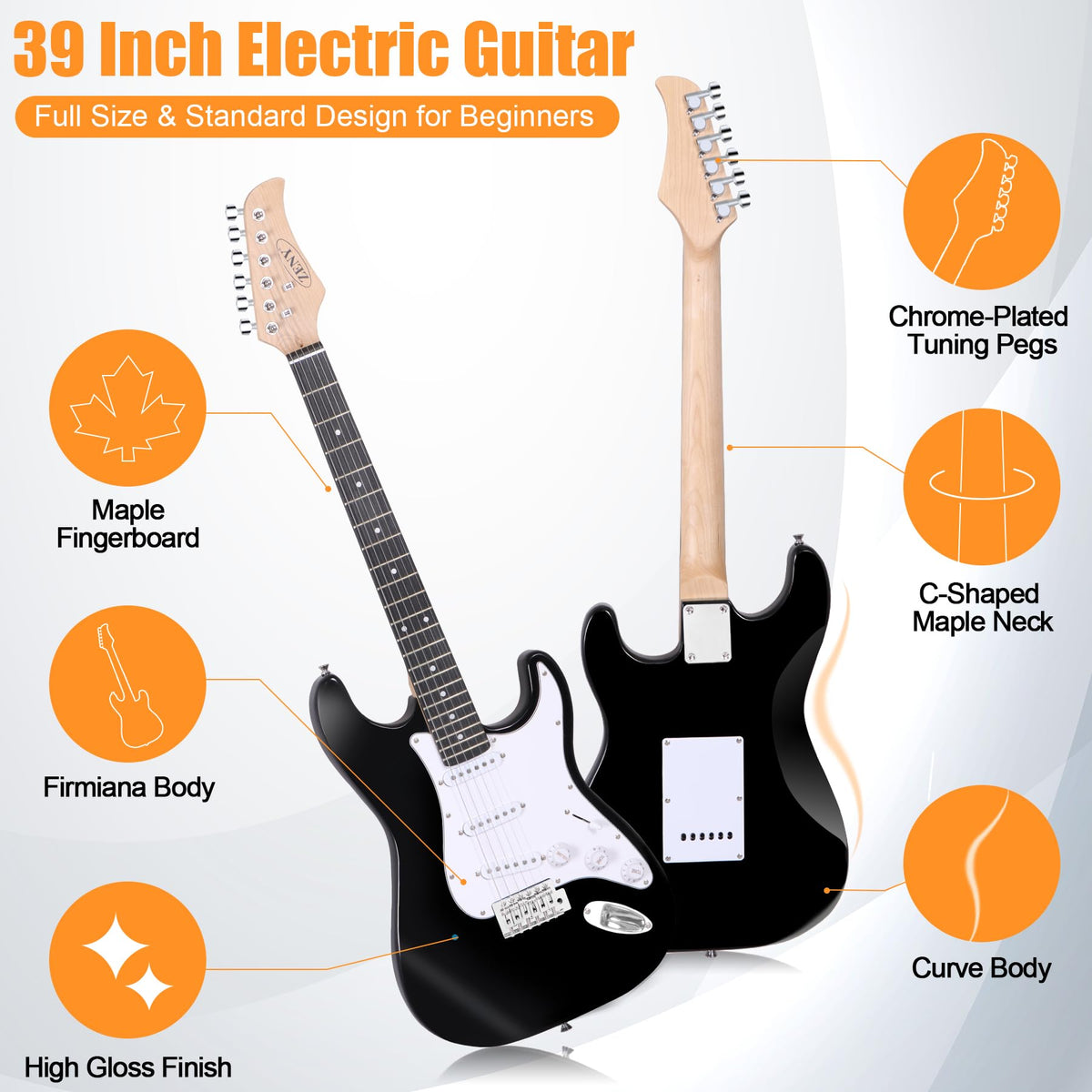 39in Full Size Electric Guitar with 10W Amp, Case and Accessories Pack, Black B924658