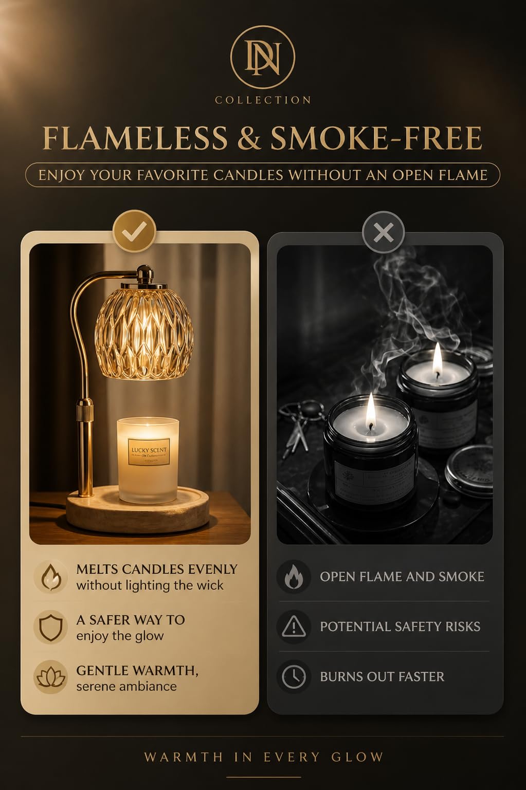 Candle Warmer Lamp with Timer & Dimmer, Adjustable Height, Crystal Glass Shade, Wooden Base, Gold J17471