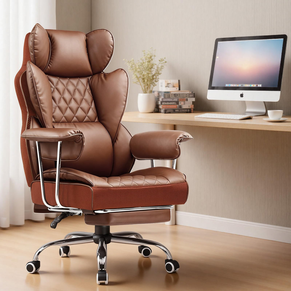 Big and Tall High Back Leather Office Chair with Footrest A320673