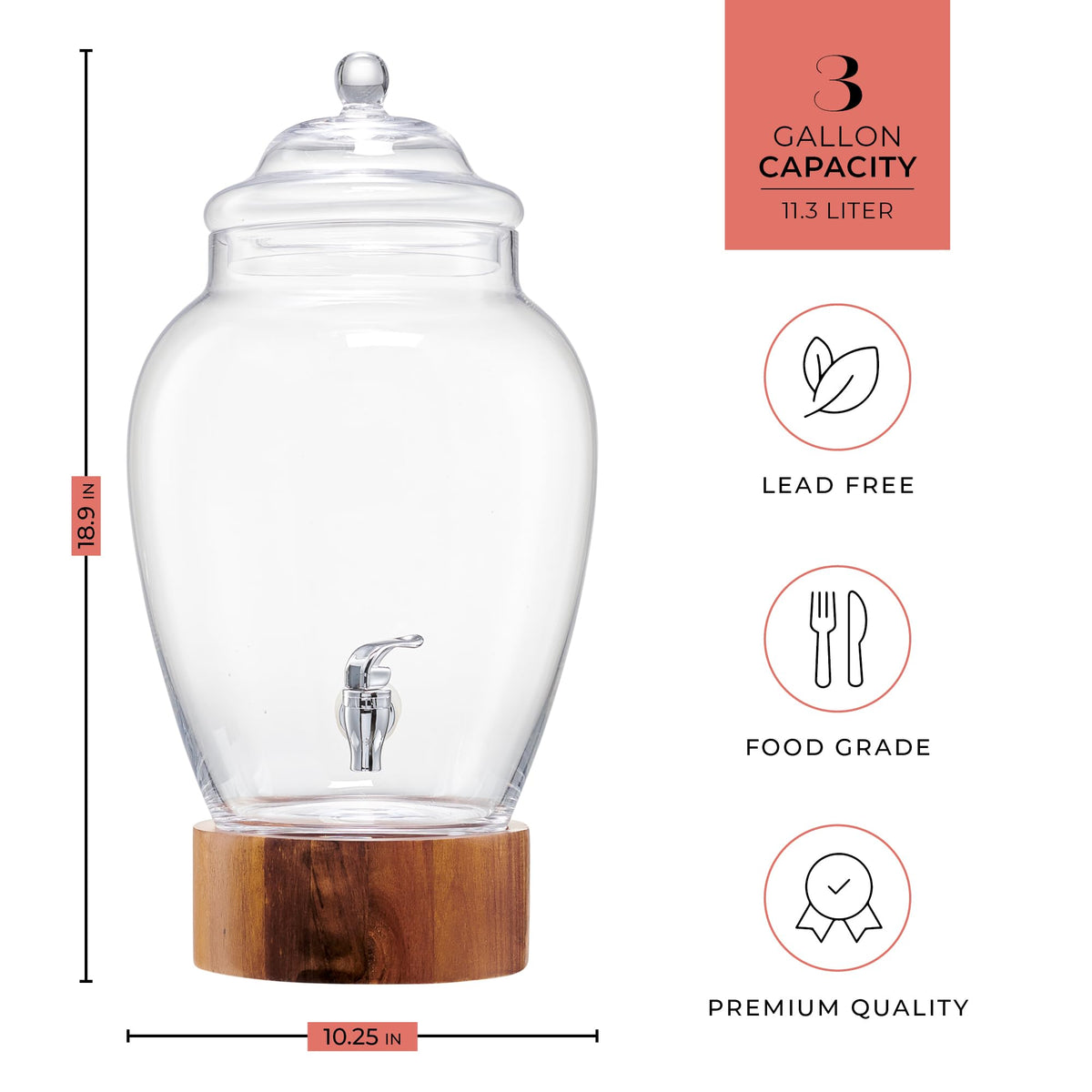 Glass Beverage Dispenser with Wood Base, 3 Gallon E7987