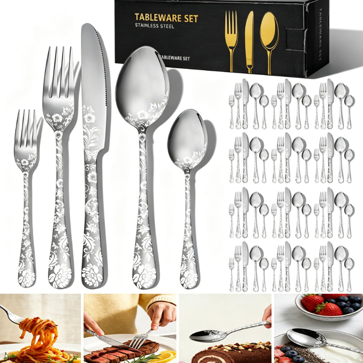 60 Piece Floral Stainless Steel Silverware Set K832