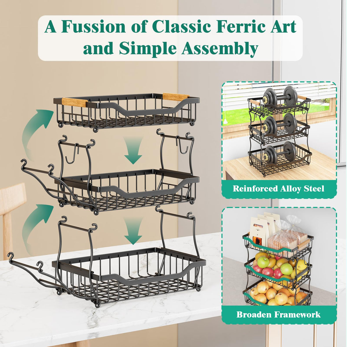 3 Tier Black Metal Wire Fruit Basket E786682
