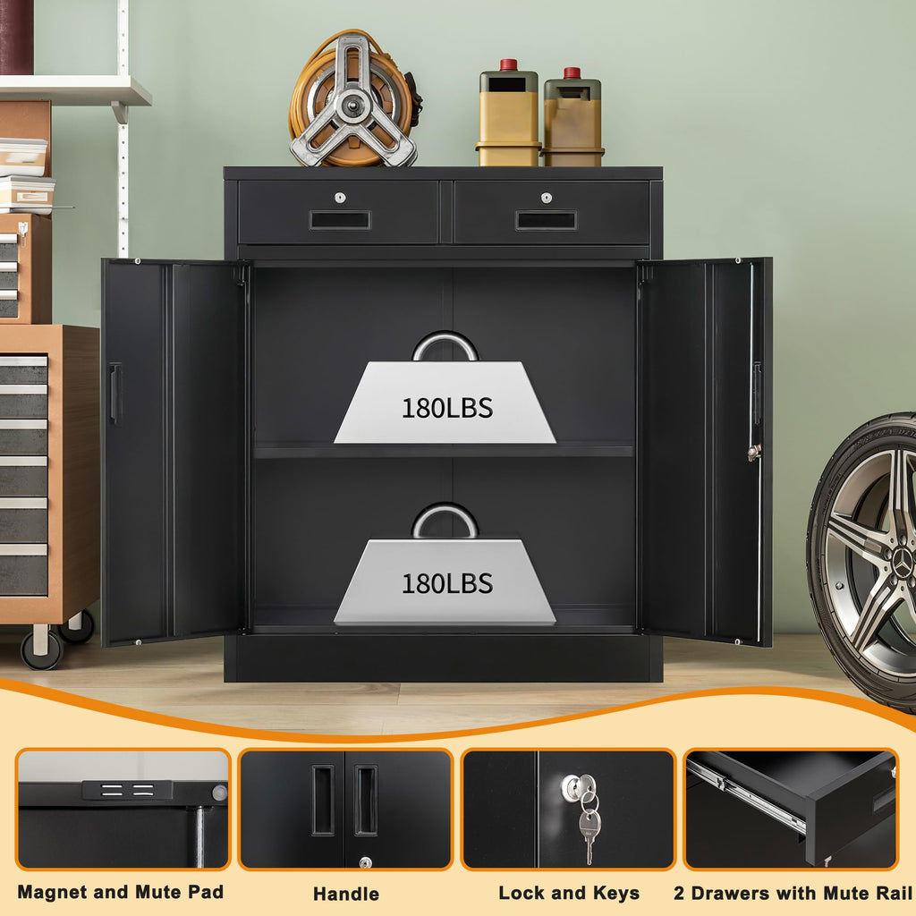 Metal Locking Storage Cabinet with 2 Drawers and Adjustable Shelf U997
