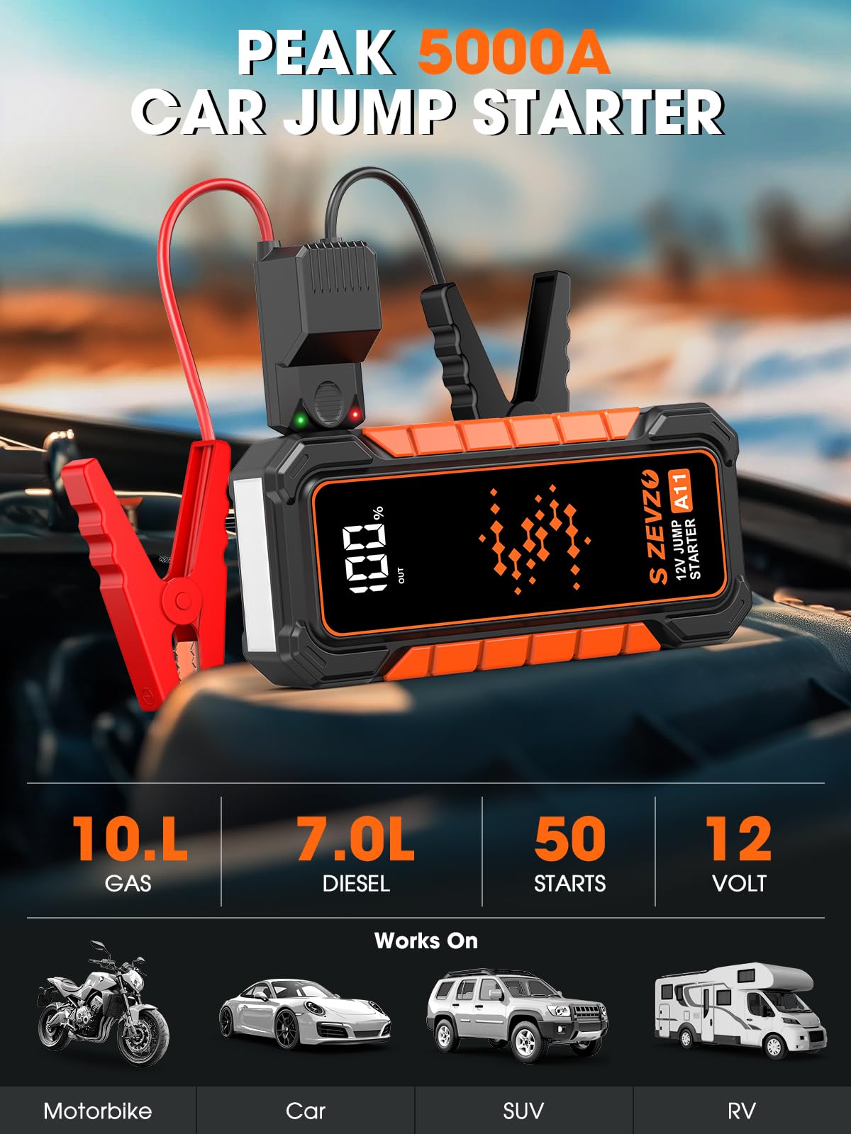 5000A Portable 12V Lithium Jump Starter with USB Charger M381