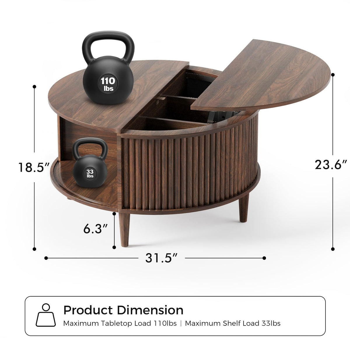 Lift Top Coffee Table with Storage, Fluted Round Center Table with Sliding Cabinet Door, Walnut R434