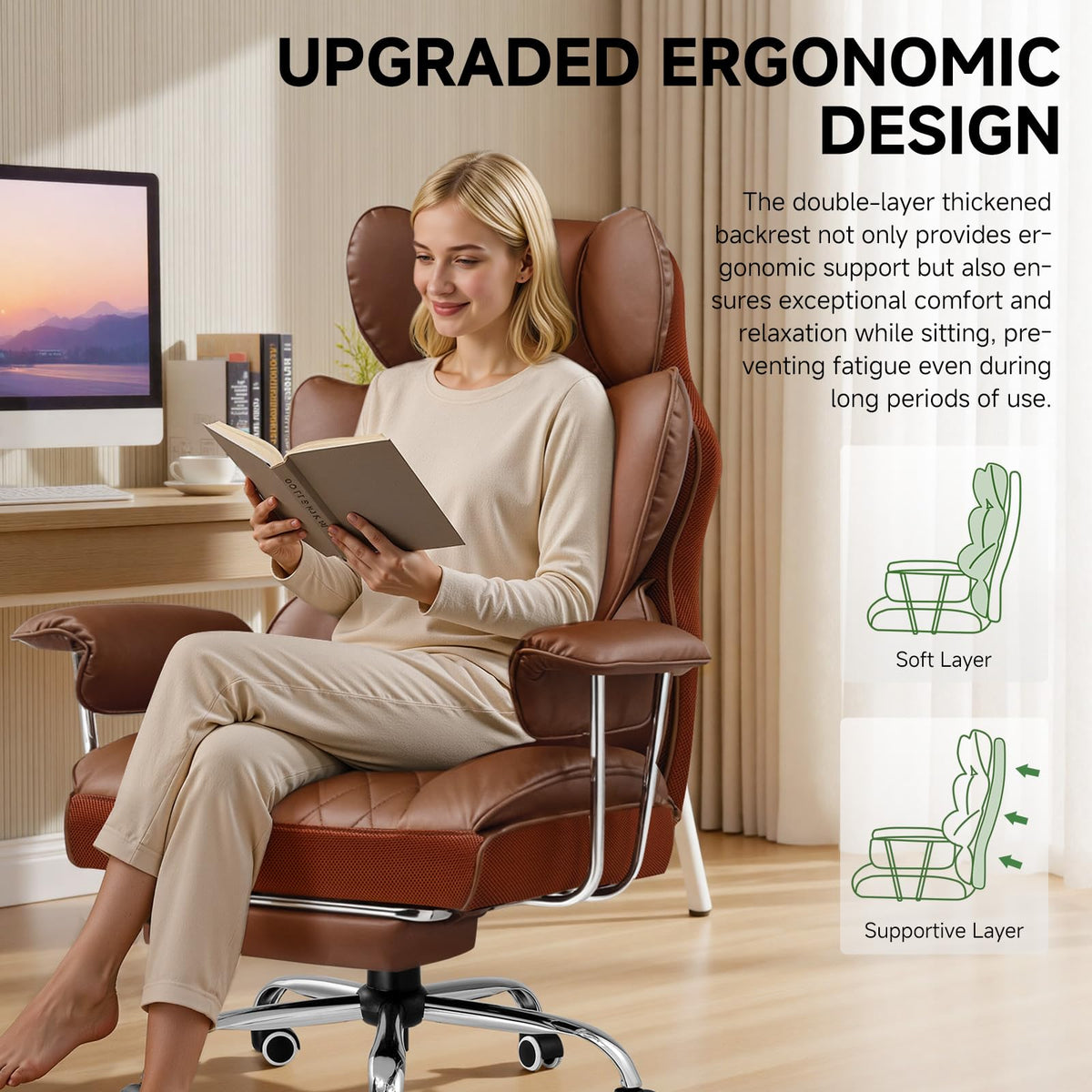 Big and Tall High Back Leather Office Chair with Footrest A320673