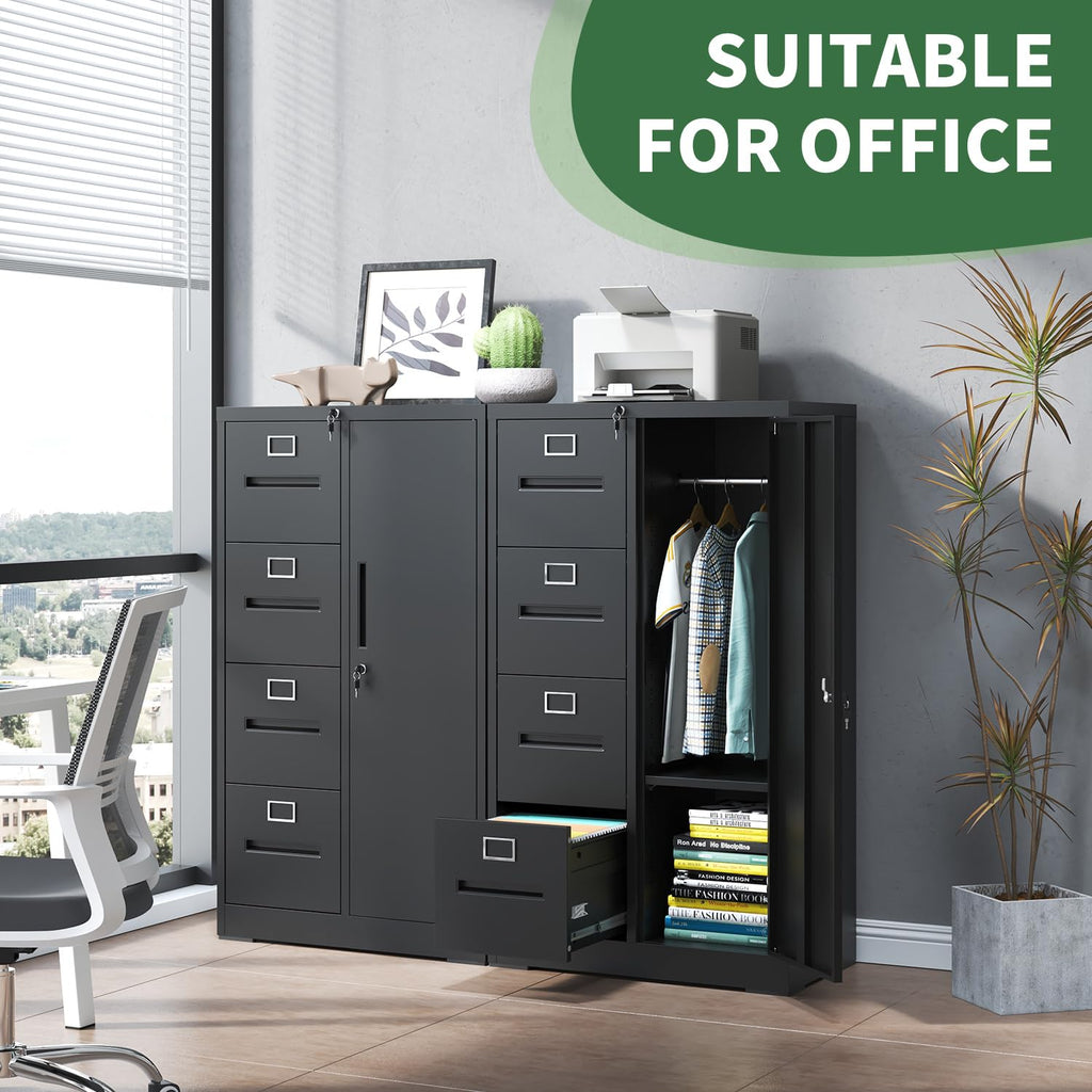 4 Drawer Vertical File Cabinet with Lock and Storage Shelves Black B624