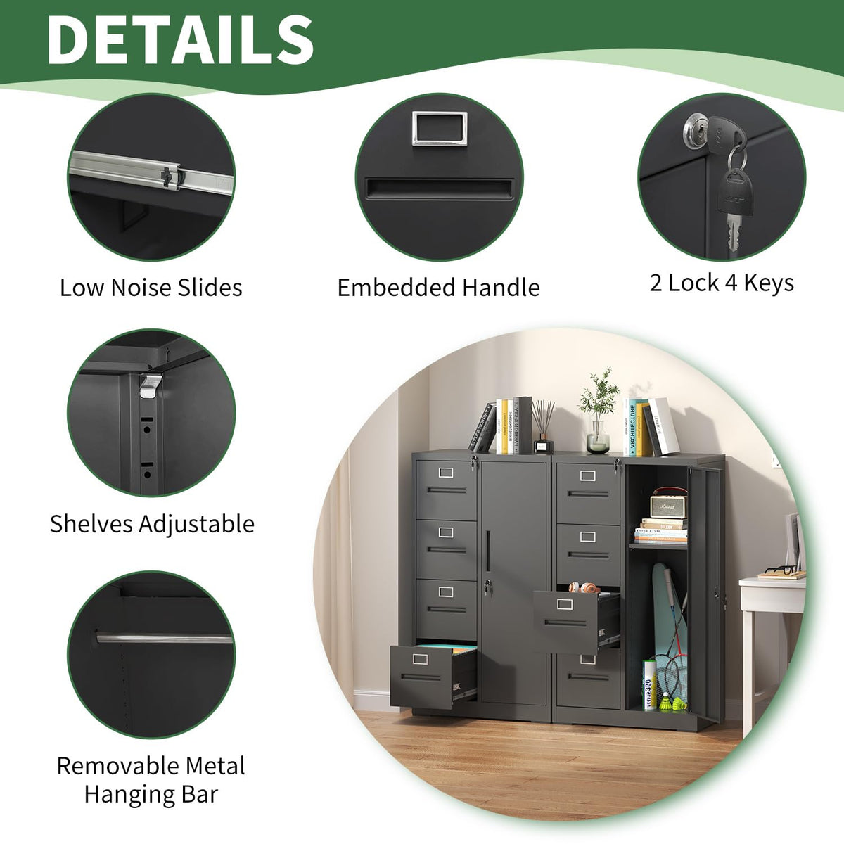 4 Drawer Vertical File Cabinet with Lock and Storage Shelves Black B624