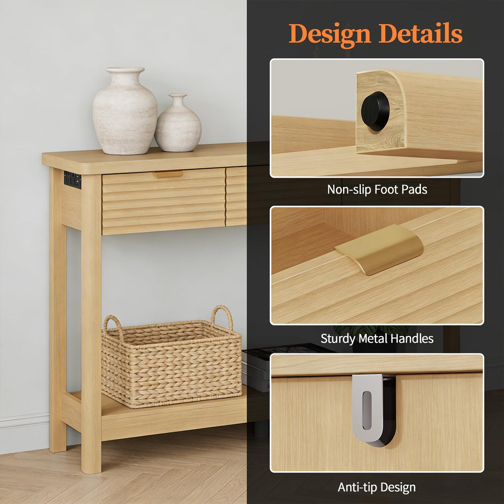 47.2" Narrow Console Table with 3 Drawers & Charging Station, Oak V7081