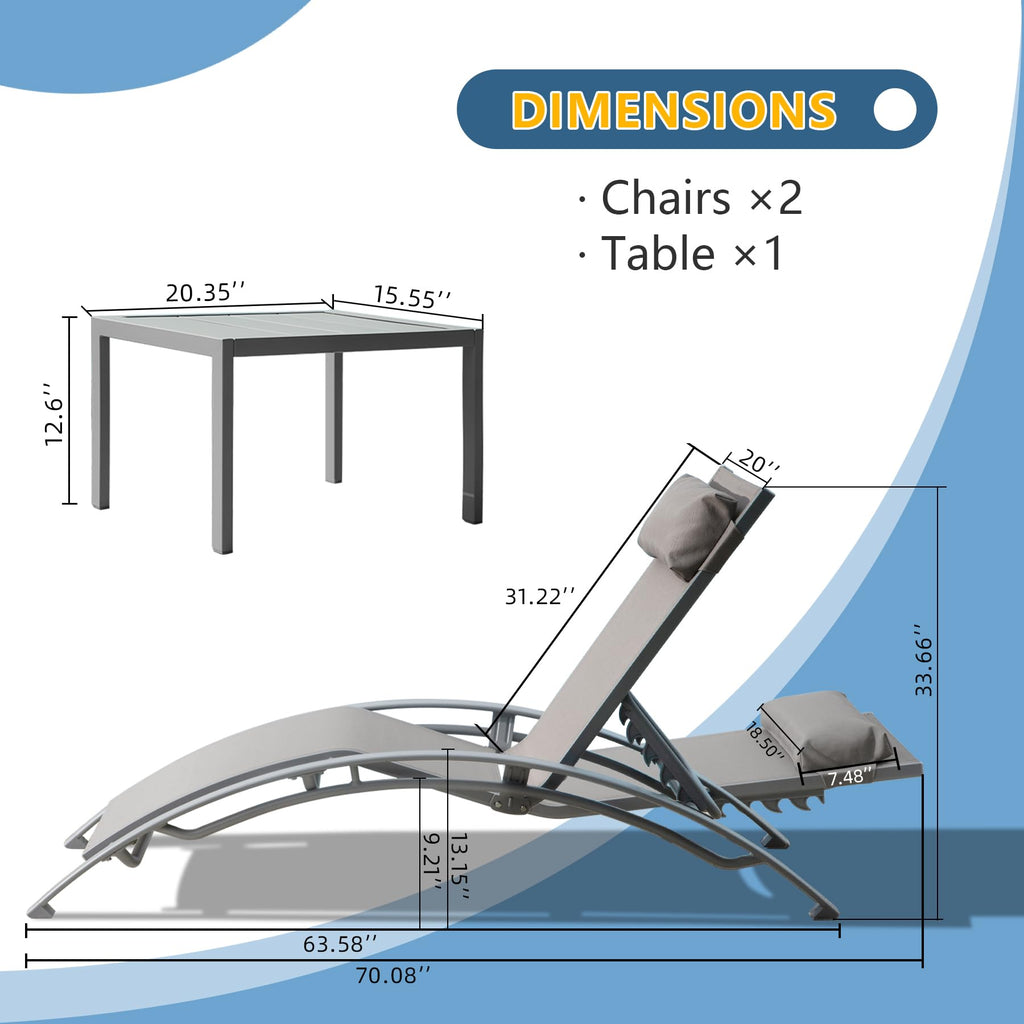 Adjustable Aluminum Pool Lounge Chairs Set of 3 with Side Table G981