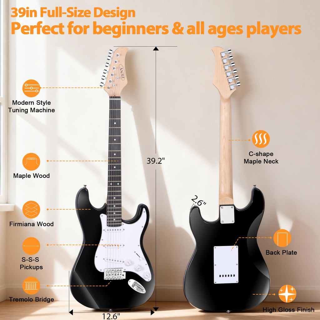 39in Full Size Electric Guitar with 10W Amp, Case and Accessories Pack, Black B924658