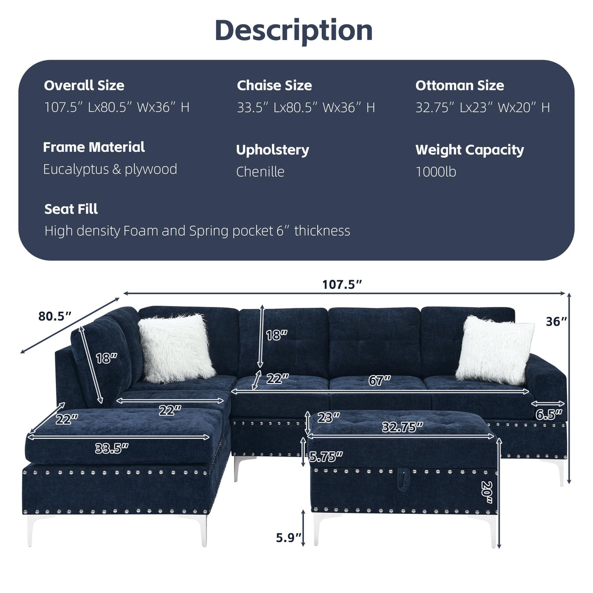 108'' Chenille Navy Blue L-Shaped Sectional Sofa with Storage Ottoman J11468