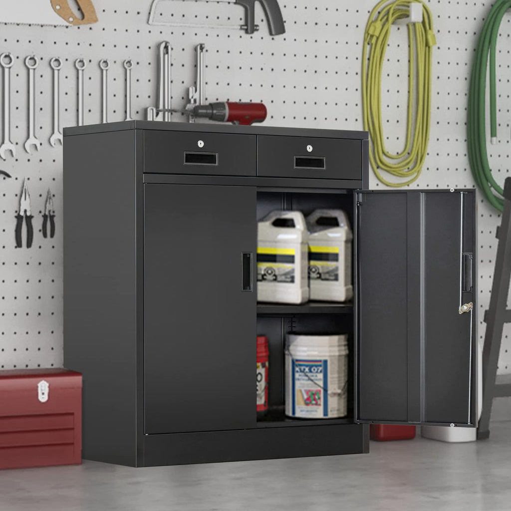 Metal Locking Storage Cabinet with 2 Drawers and Adjustable Shelf U997