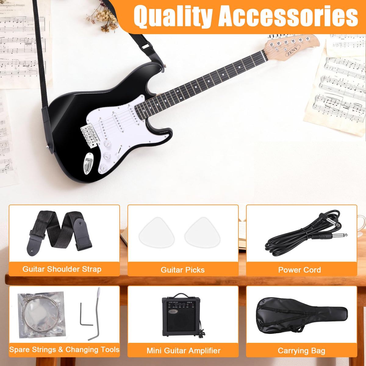 39in Full Size Electric Guitar with 10W Amp, Case and Accessories Pack, Black B924658