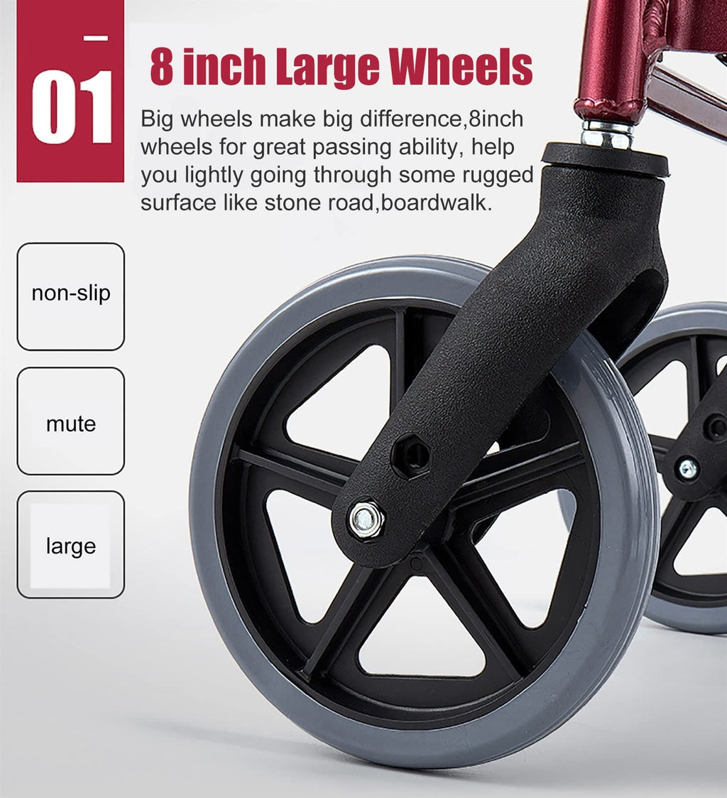 Foldable Rollator Walker with Leather Seat, 8inch Wheels, Brakes and Footrest L16235
