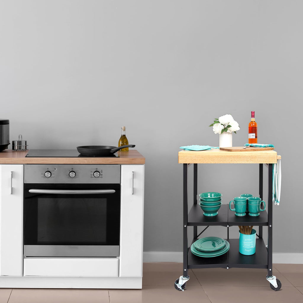Black 3-Tier Folding Kitchen Cart with Wheels D606