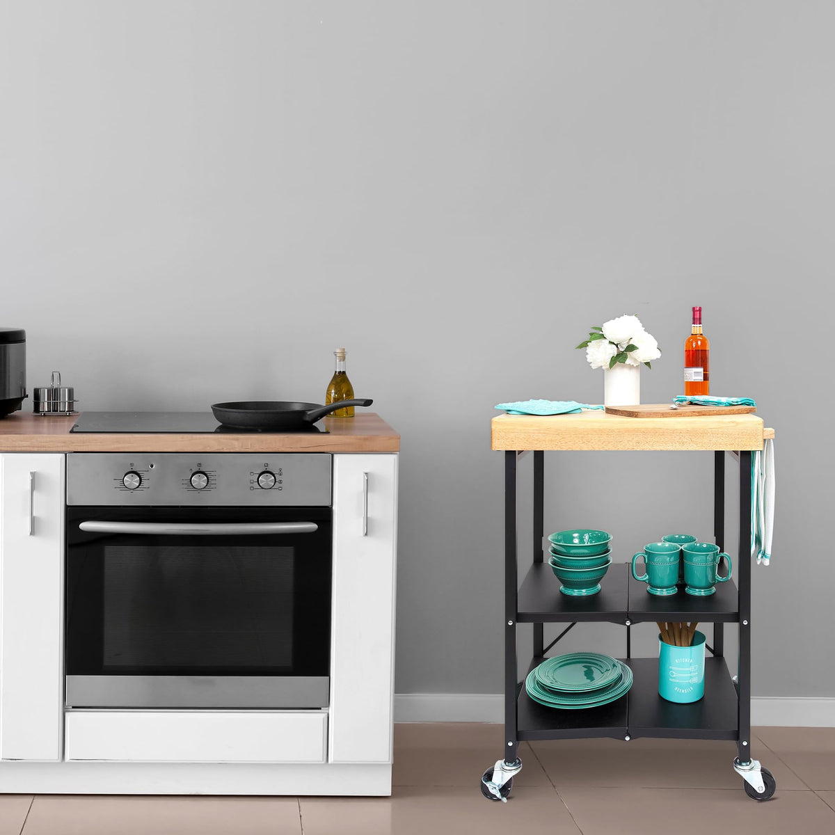 Black 3-Tier Folding Kitchen Cart with Wheels D606