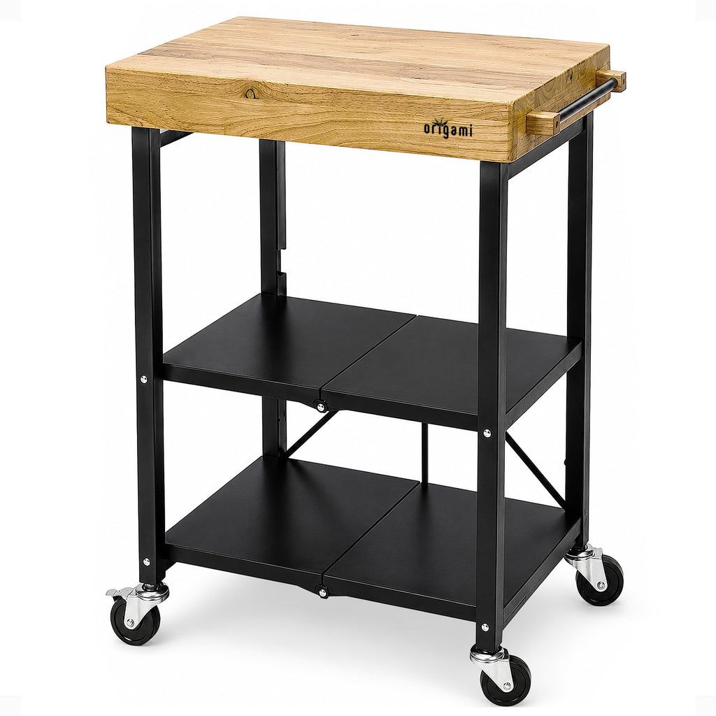 Black 3-Tier Folding Kitchen Cart with Wheels D606