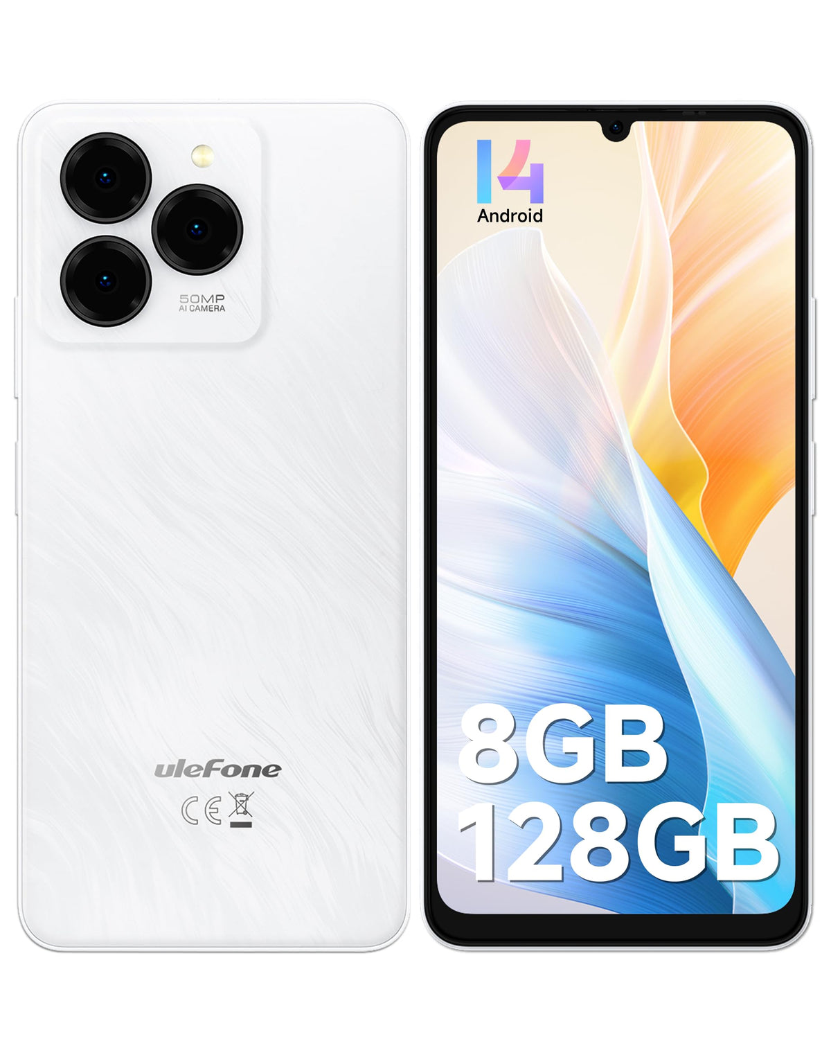 Unlocked Smartphone 8GB+128GB 6.75" 90Hz Android 14 50MP Camera 6000mAh White C377